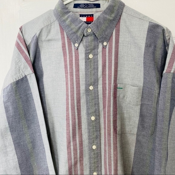 Men shirt Tommy Hilfiger Shirt button down long sleeve gray maroon cotton Large - Picture 5 of 10